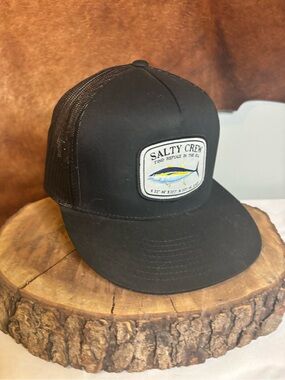 Salty Crew Tuna Patch Trucker Hat | Black Mesh Snapback Fishing Coastal Cap